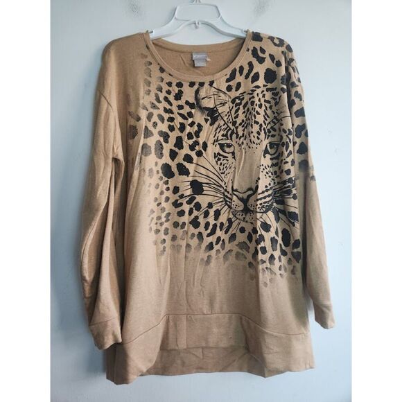 Chico's Brown w/"Tiger" Print Cotton/Modal Blend Tunic Blouse size 1 or US 10 - Picture 5 of 9